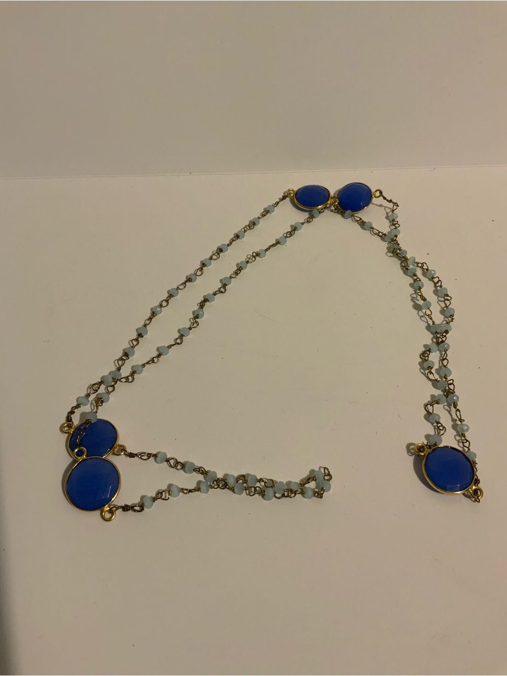 Blue Glass and Gold Bead Station Necklace - Women Jewelry